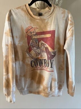 Cowboy Skeleton Graphic Crewneck Sweatshirt - Beige Tie-Dye